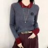 에르메스 H 자수 숄더 삥줄 포인트 카라 니트